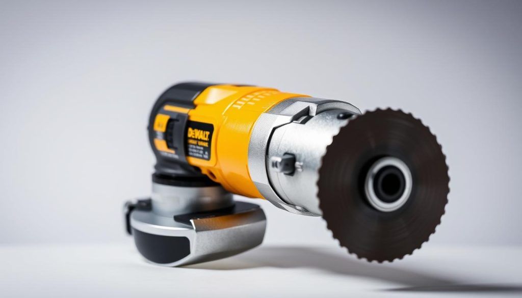 A gleaming Dewalt angle grinder, its metallic body glistening under a crisp studio light. The tool's 90-degree head is prominently featured, showcasing its unique angled design for precise, controlled grinding. The grinder's disc spins steadily, its razor-sharp teeth ready to tackle a variety of materials with efficiency and power. The background is clean and minimalist, allowing the tool to be the central focus, highlighting its versatility and suitability for detailed grinding tasks. The overall composition exudes a sense of professionalism and technical expertise, perfectly capturing the essence of the "Dewalt 90 Degree Die Grinder: Versatile Tool for Detailed Grinding."