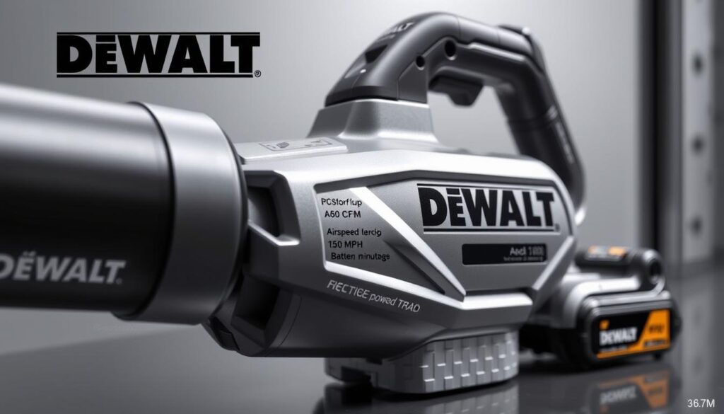 A gleaming, silver-grey DEWALT cordless blower, its sleek design highlighted by strategic lighting. The device's specifications are prominently displayed, showcasing its powerful performance metrics such as airflow (up to 600 CFM), air speed (up to 150 MPH), and battery runtime (up to 60 minutes on a single charge). The blower's various control buttons and settings are clearly visible, allowing the viewer to appreciate its user-friendly interface. The image is captured in a clean, technical environment, emphasizing the tool's precision engineering and attention to detail. Soft shadows and highlights accentuate the blower's contours, creating a sense of depth and solidity. The overall mood is one of professional-grade efficiency and reliability, perfectly suited for the "Specifications and Technical Details" section of the article.