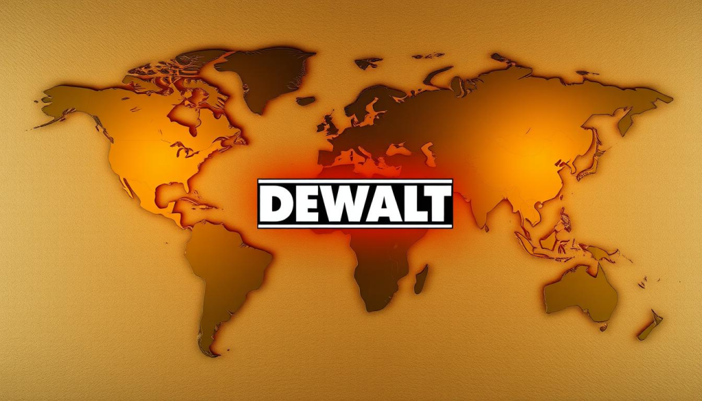 A global map of the world, with the DEWALT logo prominently displayed in the center. The map is rendered in a flat, geometric style, with continents and countries delineated by clean, bold lines. The map is illuminated by a warm, directional light, casting soft shadows and highlights to create a sense of depth and dimensionality. In the background, a subtle, textured pattern or gradient adds depth and visual interest, conveying a sense of the brand's worldwide reach and influence. The overall composition is balanced, clean, and modern, reflecting the DEWALT brand's professional and high-quality image.