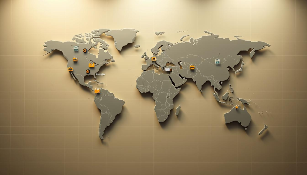 A global map rendered in a realistic, high-detail style, depicting the worldwide manufacturing locations of DEWALT power tools. The map occupies the center of the frame, with various factory icons and production facility symbols scattered across continents. The background shows a clean, minimalist design with subtle gridlines and a muted color palette, complementing the industrial theme. Lighting is soft and diffused, creating a sense of professionalism and authority. The overall composition conveys DEWALT's extensive global reach and manufacturing capabilities.