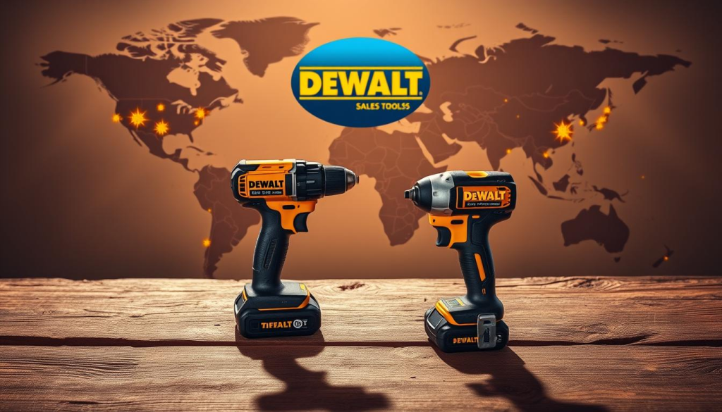 A global sales map of DEWALT power tools, centered on a vibrant blue and yellow logo. The map depicts continents in muted tones, with glowing sales data points in key regions. In the foreground, a sleek DEWALT cordless drill and impact driver sit atop a weathered wooden surface, casting dynamic shadows. Warm, directional lighting illuminates the scene, conveying a sense of international business and DEWALT's widespread commercial reach. The overall composition strikes a balance between technical product details and a broader visualization of the company's global market presence.