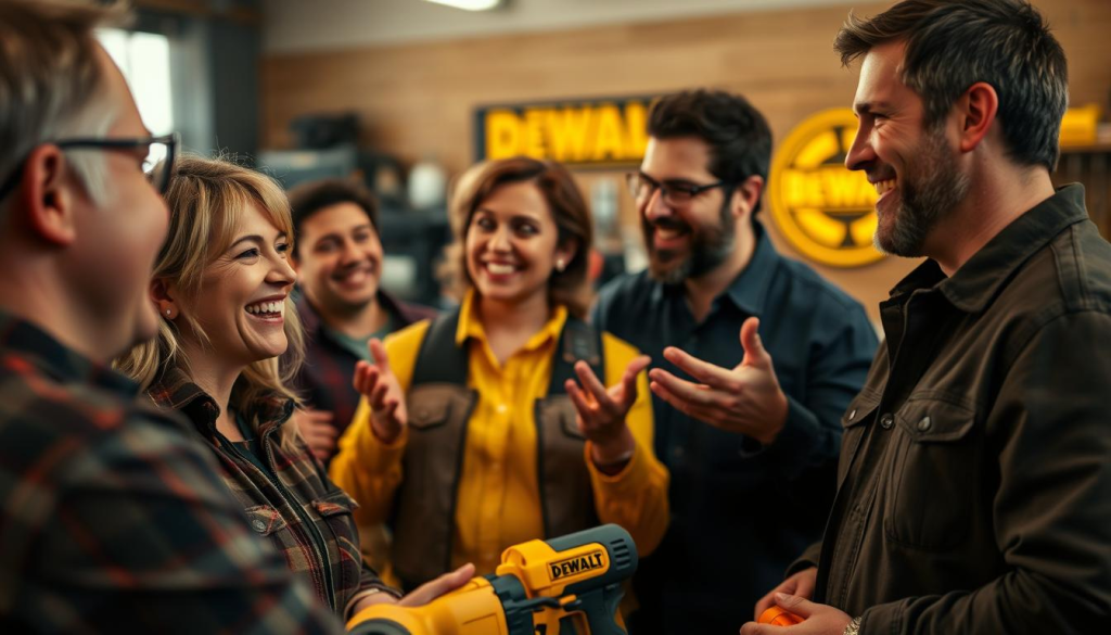 A group of DEWALT power tool users engaged in a lively discussion, their faces alight with enthusiasm. In the foreground, a well-lit close-up showcases their expressions of satisfaction and loyalty, while in the middle ground, the users gesture animatedly, sharing their experiences. The background features a blurred workshop setting, with the iconic DEWALT logo visible in the distance, conveying a sense of community and brand affinity. Warm lighting and a soft, inviting color palette create a welcoming atmosphere, capturing the essence of DEWALT's commitment to customer satisfaction and engagement.