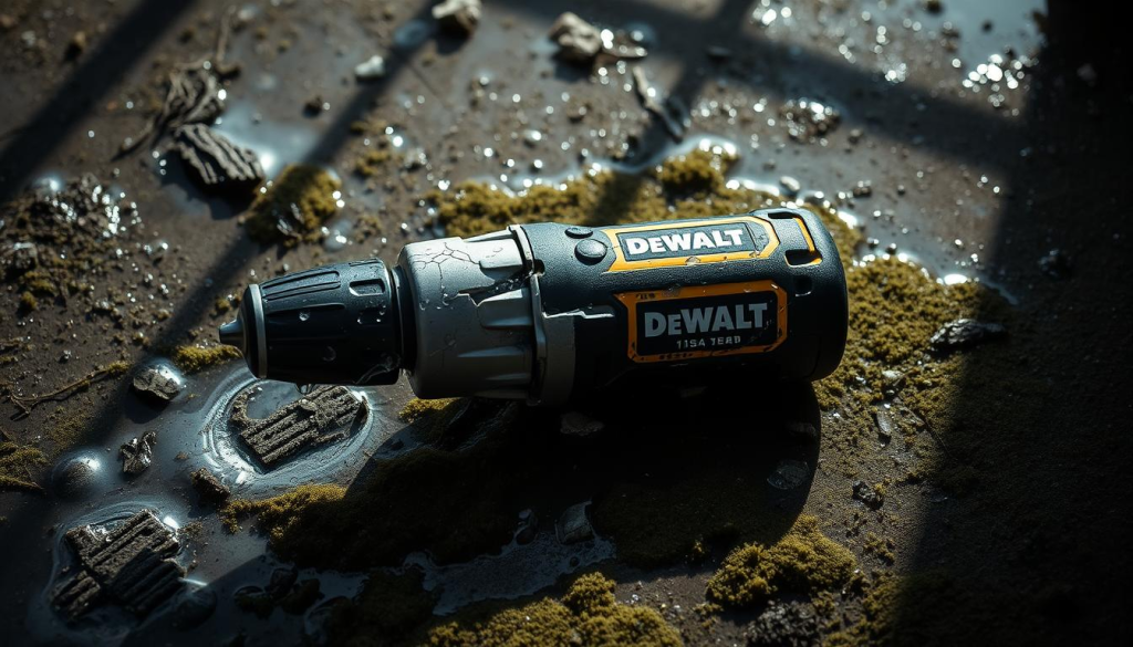 A heavily water-damaged DEWALT cordless drill lies abandoned on a damp, mossy surface, surrounded by puddles and debris. The tool's once-pristine casing is cracked and discolored, while water droplets cling to its surface, suggesting recent submersion. Dramatic shadows cast by a low-angled light source emphasize the drill's compromised state, conveying a sense of neglect and the risks of exposing power tools to excessive moisture. The overall scene evokes a gloomy, cautionary atmosphere, underscoring the importance of proper care and protection when using power tools in damp environments.