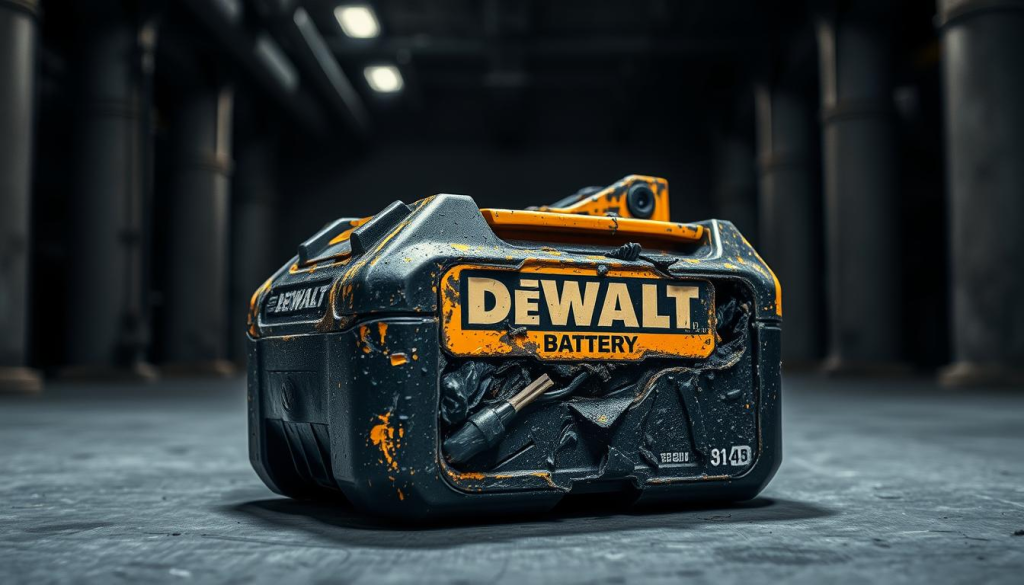 A heavily worn and damaged DEWALT battery sits against a stark, industrial background. The battery's casing is cracked and scorched, revealing its internal components in disarray. Harsh overhead lighting casts harsh shadows, emphasizing the battery's state of disrepair. The image conveys a sense of failure and malfunction, reflecting the common causes of DEWALT battery issues such as overheating, physical damage, and electrical faults.