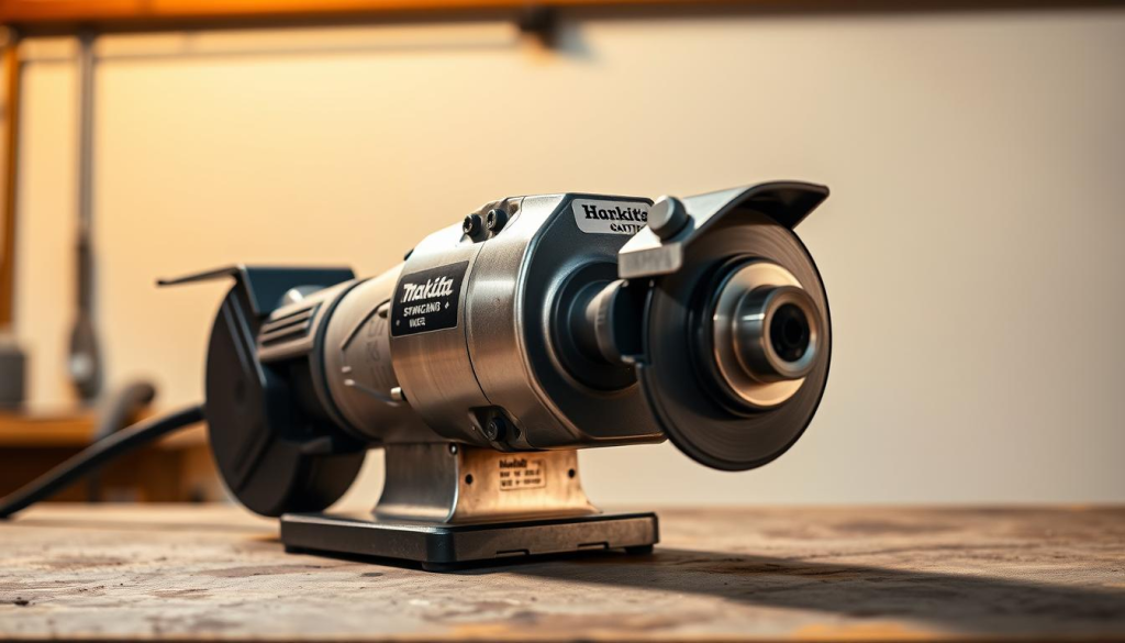 A heavy-duty Makita 7" grinder sits on a workbench, its brushed metal casing gleaming under warm studio lighting. The tool's robust, ergonomic design is emphasized, with a focus on its substantial build quality and sturdy construction. The grinder's powerful motor and variable speed control are visible, hinting at its versatile grinding capabilities. The scene is captured from a slightly elevated angle, conveying a sense of quality and attention to detail. The background is a clean, neutral environment, allowing the grinder to be the central focus of the image.