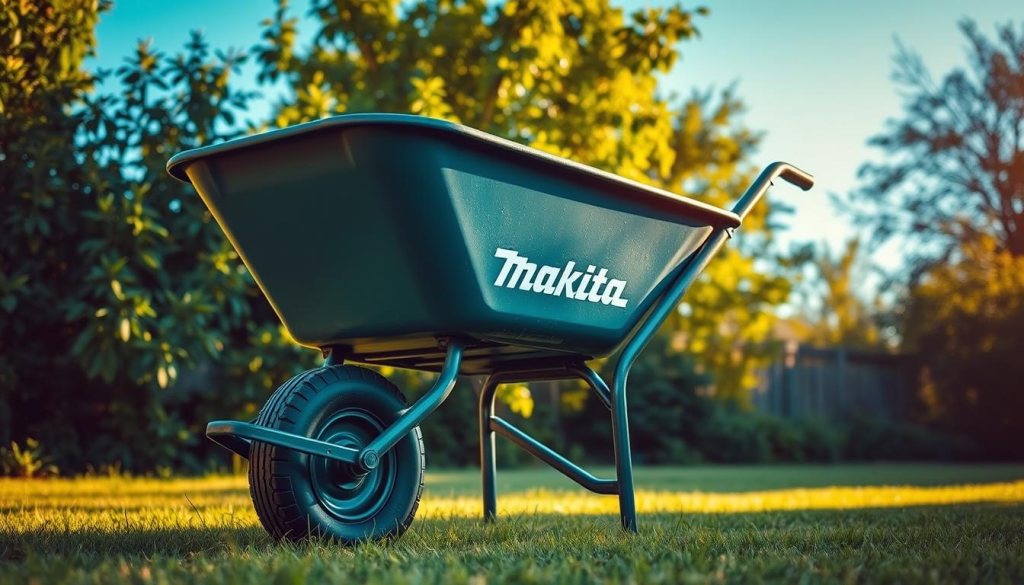 A heavy-duty Makita wheelbarrow stands prominently in a lush garden, illuminated by warm afternoon sunlight. Its sturdy steel frame and durable pneumatic tires suggest reliable performance and easy maneuverability. The spacious rust-resistant tub is designed to handle large, heavy loads with ease. The wheelbarrow's ergonomic handles and balanced construction allow for comfortable, effortless operation. In the background, verdant foliage and a clear blue sky create a serene, tranquil atmosphere, highlighting the Makita's rugged yet versatile nature, perfect for tackling a wide range of yard and garden tasks.