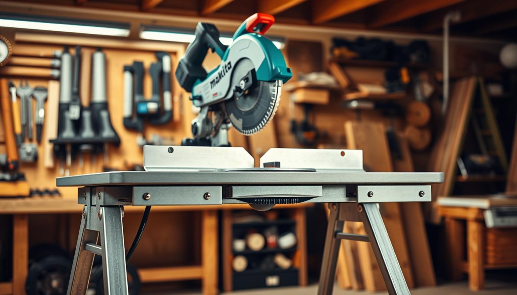 A heavy duty miter saw stand in a well-lit woodworking workshop. In the foreground, the sturdy metal frame of the stand, with adjustable legs and a durable work surface. In the middle ground, a professional-grade Makita miter saw mounted securely, its blade ready to tackle intricate mitered cuts. The background features neatly organized tools and materials, conveying a sense of efficient workflow. Warm, directional lighting casts dramatic shadows, highlighting the stand's robust construction. The overall atmosphere is one of reliable, high-quality woodworking equipment, ready to elevate the user's craftsmanship.