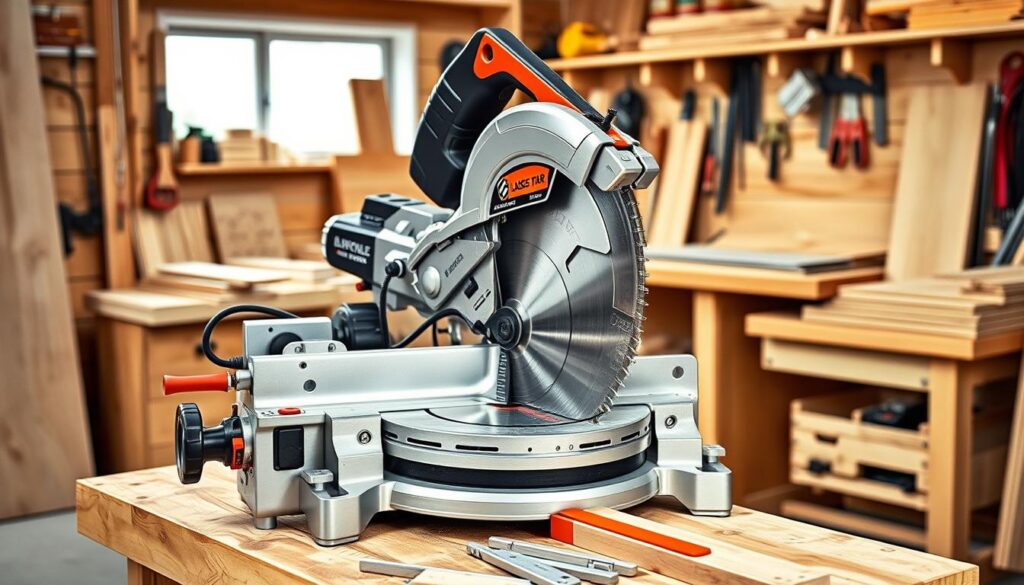 A heavy-duty miter saw with a precision-crafted 12-inch blade, positioned on a sturdy wooden workbench in a well-lit workshop. The saw's robust aluminum construction and ergonomic handles convey its durability and ease of use. The middle ground showcases its advanced features, such as a laser guide and bevel adjustment, enabling accurate and efficient angled cuts. In the background, an array of woodworking tools and materials suggest the saw's versatility in tackling various carpentry projects, from trim work to furniture building. The overall scene exudes a sense of professionalism and a commitment to high-quality workmanship.