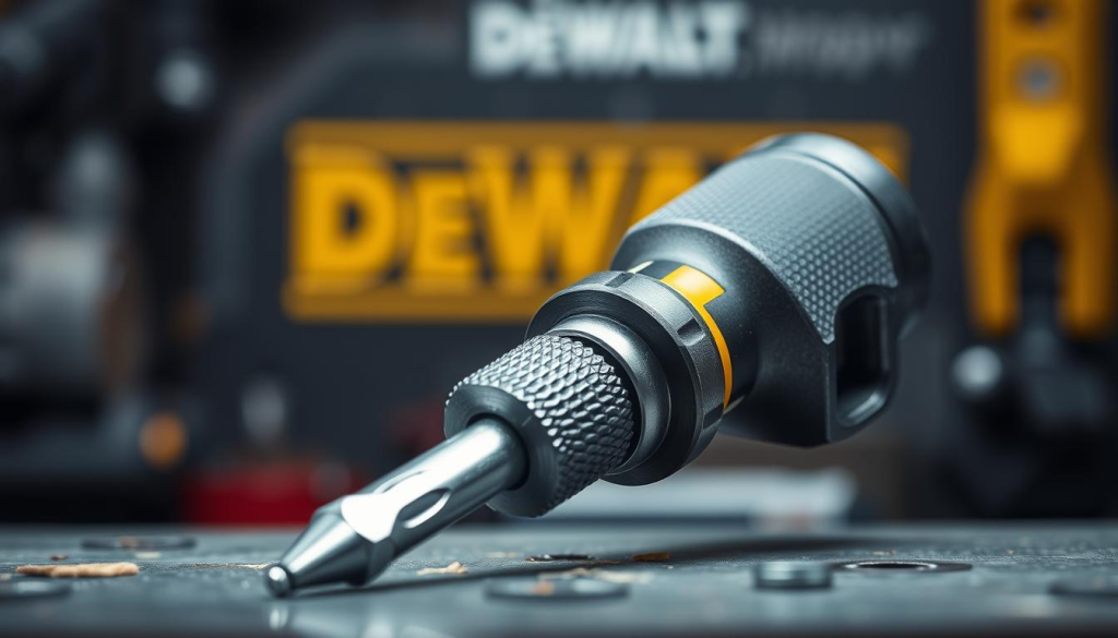 A heavy-duty nut driver resting on a workbench, its metal body gleaming under bright studio lighting. The driver's knurled grip and thick shaft suggest its robust construction, designed to handle the toughest jobs. In the background, a blurred but recognizable DEWALT logo subtly hints at the tool's brand identity. The overall scene conveys a sense of reliability, durability, and the confidence that comes from using a well-engineered, professional-grade tool.