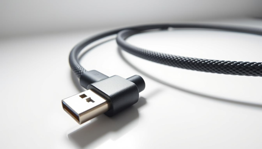A heavy-duty, ultra-durable USB-C cable lies on a sleek, modern surface, its textured braided jacket and sturdy metal connectors gleaming under crisp studio lighting. The cable appears robust and substantial, conveying a sense of ruggedness and reliability. The background is a clean, minimalist white, allowing the cable to take center stage and highlight its premium construction. The scene exudes a professional, high-quality aesthetic, perfectly suited to illustrate the "Importance of Quality Charging Cables" for the article on the DEWALT USB-C Cable.