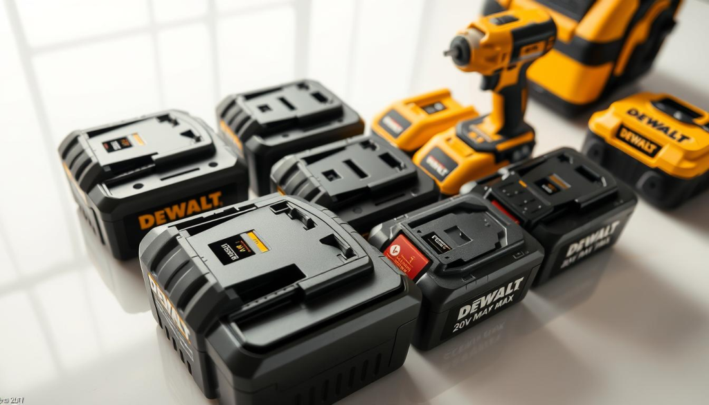 A high-angle close-up shot of an assortment of DEWALT 20V MAX batteries, showcasing their key features and interchangeability. The batteries are arranged in a neat, organized manner on a clean, reflective surface, with a soft, natural lighting highlighting their sleek, durable design. The background is subtly blurred, drawing the viewer's attention to the batteries' details, such as their capacity indicators, charging ports, and the DEWALT logo. The overall composition conveys a sense of precision, reliability, and the versatility of the DEWALT 20V battery ecosystem.