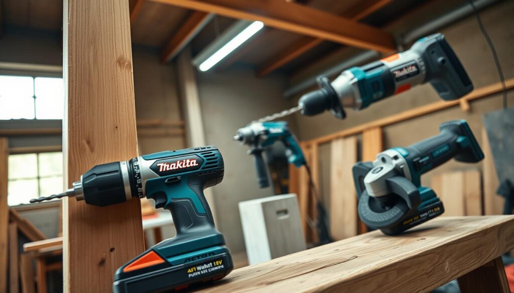 A high-angle shot of a well-lit workshop interior, showcasing an array of Makita 18V cordless power tools in use. In the foreground, a Makita 18V brushless impact driver is driving screws into a wooden beam. In the middle ground, a Makita 18V rotary hammer drill is breaking through concrete. In the background, a Makita 18V angle grinder is smoothing metal. The tools are captured with a shallow depth of field, emphasizing their detailed textures and the dynamic motion of their applications. The overall mood is one of professional, versatile power and efficiency.
