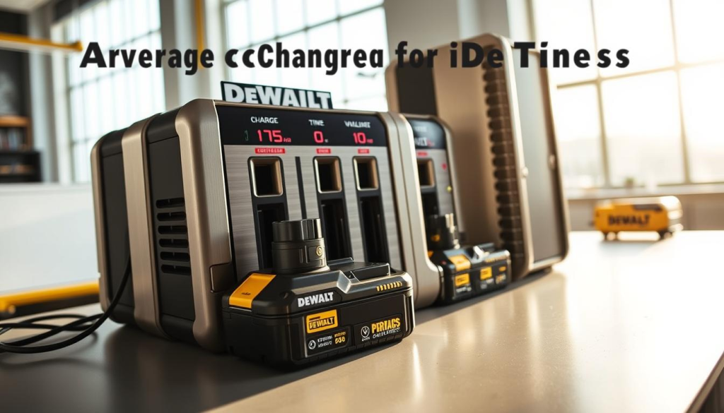 A high-angle view of a DEWALT battery charging station, illuminated by natural light filtering through large windows. The station features a sleek, modern design with brushed metal and black accents, housing multiple battery slots and charging indicators. The foreground showcases a DEWALT battery, its surface reflecting the ambient light, while the background displays a clean, minimalist workspace environment. The overall scene conveys a sense of efficiency and technological precision, visually communicating the "Average Charging Times for DEWALT Batteries" concept.