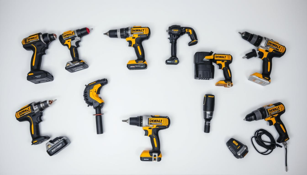 A high-angle view of an assortment of DeWalt power drills laid out on a clean, well-lit surface. The drills are precisely arranged to showcase their different models and sizes, from compact cordless units to heavy-duty corded options. The lighting is soft and even, accentuating the sleek, industrial design of the tools. The background is a simple, neutral color that allows the drills to take center stage, their metallic casings and branding elements clearly visible. The overall composition conveys a sense of professional comparison and evaluation, suitable for an informative article on DeWalt drill selection.