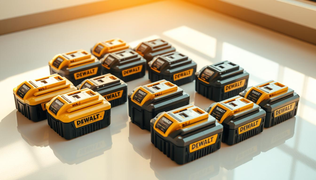 A high-angle, well-lit, close-up shot of an array of DEWALT battery packs neatly arranged on a clean, reflective surface. The batteries showcase their distinctive black and yellow color scheme, with the DEWALT logo prominently displayed. The image has a crisp, professional aesthetic, emphasizing the attention to detail and quality of the product. The scene is bathed in warm, natural light, creating a sense of clarity and highlighting the batteries' features. The overall composition is balanced and visually appealing, inviting the viewer to examine the different battery sizes and capacities on display.