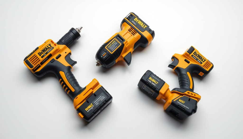 A high-angle, well-lit studio shot of three DeWalt impact drivers laid out on a clean, reflective surface. The drivers are arranged in a diagonal pattern, with the middle one slightly elevated. The drivers are rendered in intricate detail, showcasing their sleek, black and yellow designs, robust construction, and ergonomic handles. The image conveys a sense of precision, power, and technical expertise, highlighting the key features that make DeWalt a leading brand in the impact driver market.