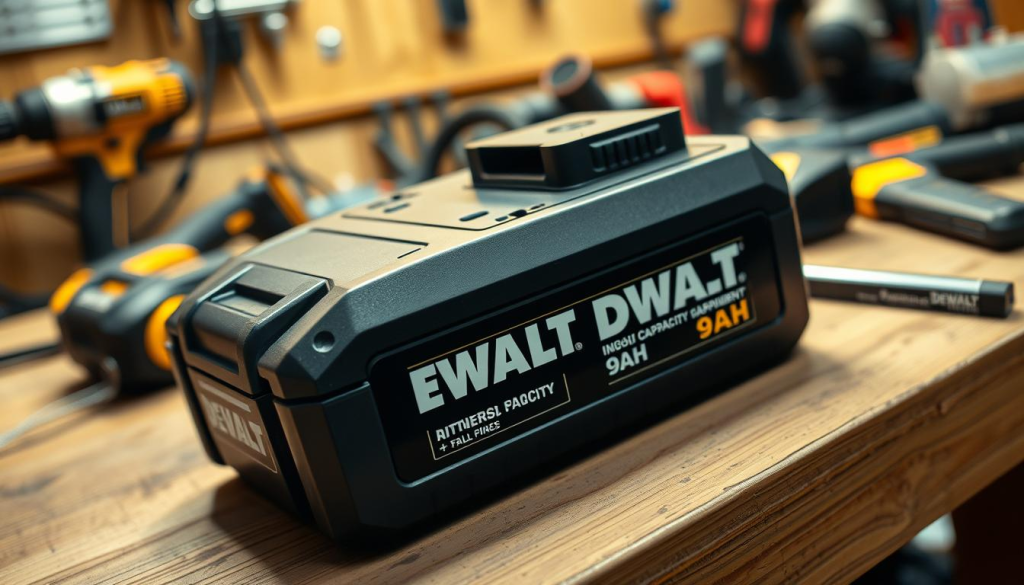 A high-capacity DeWalt 9AH battery, its sleek black casing reflecting the soft, warm lighting of a workshop setting. The battery rests on a wooden workbench, surrounded by various power tools and accessories. The scene conveys a sense of rugged durability and reliable performance, perfect for powering the demanding tasks of a professional tradesperson. The image captures the battery's impressive capacity and the trust customers place in the DeWalt brand for their critical equipment needs.