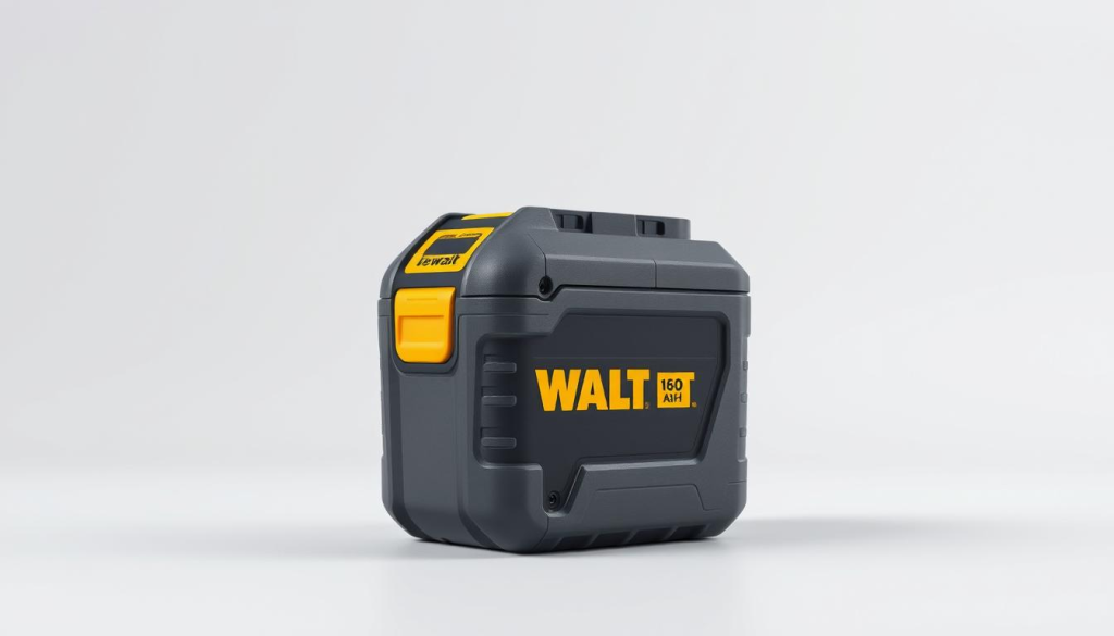 A high-capacity Dewalt battery in a meticulously detailed, photorealistic rendering. The battery is centrally positioned, its rugged gray casing and yellow Dewalt logo standing out against a clean, bright background. Crisp shadows and highlights accentuate the battery's dimensional form, conveying its robust and durable construction. The lighting is natural, with soft, even illumination creating a sense of depth and dimensionality. The camera angle is slightly elevated, providing a clear, unobstructed view of the battery's features. The overall mood is one of quality, power, and reliability - key attributes of the Dewalt 9AH battery.