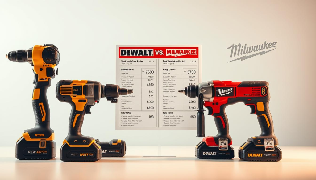 A high-contrast, architectural still-life showcasing a head-to-head pricing comparison between DEWALT and MILWAUKEE power tools. Set against a crisp, light-filled backdrop, the foreground features meticulously modeled power tool models in their signature colors, arranged in a dynamic, angular composition that emphasizes the sleek, technical design of the products. The middle ground depicts detailed price tags and comparison charts, conveying the key information in a clear, data-driven manner. The background subtly fades into an ethereal, studio-like setting, allowing the tools and pricing details to take center stage. Warm, directional lighting accentuates the premium materials and finishes, while a shallow depth of field keeps the focus sharp on the core subject matter.