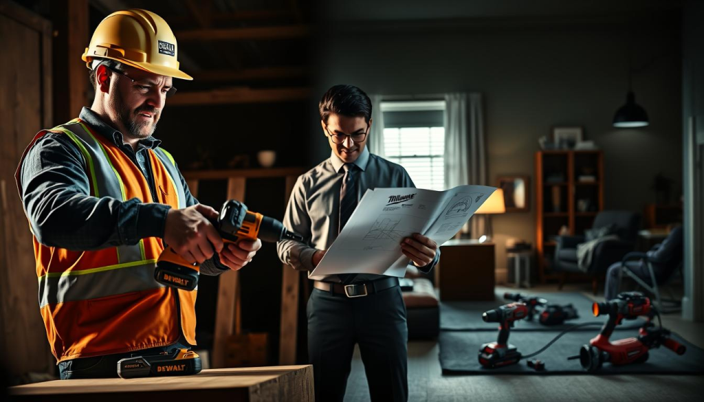 A high-contrast, cinematic image showcasing the target demographics for DEWALT and Milwaukee power tools. In the foreground, a construction worker in a hard hat and reflective safety vest, using a DEWALT cordless drill on a woodworking project. In the middle ground, an office professional in business attire, holding a Milwaukee angle grinder while inspecting a blueprint. In the background, a suburban household scene with a homeowner tinkering on a DIY home renovation, Milwaukee tools scattered around. Dramatic low-key lighting, with strong shadows and highlights, creates an engaging, documentary-style composition. The mood is one of professionalism, ruggedness, and versatility, reflecting the distinct target audiences of these two leading power tool brands.