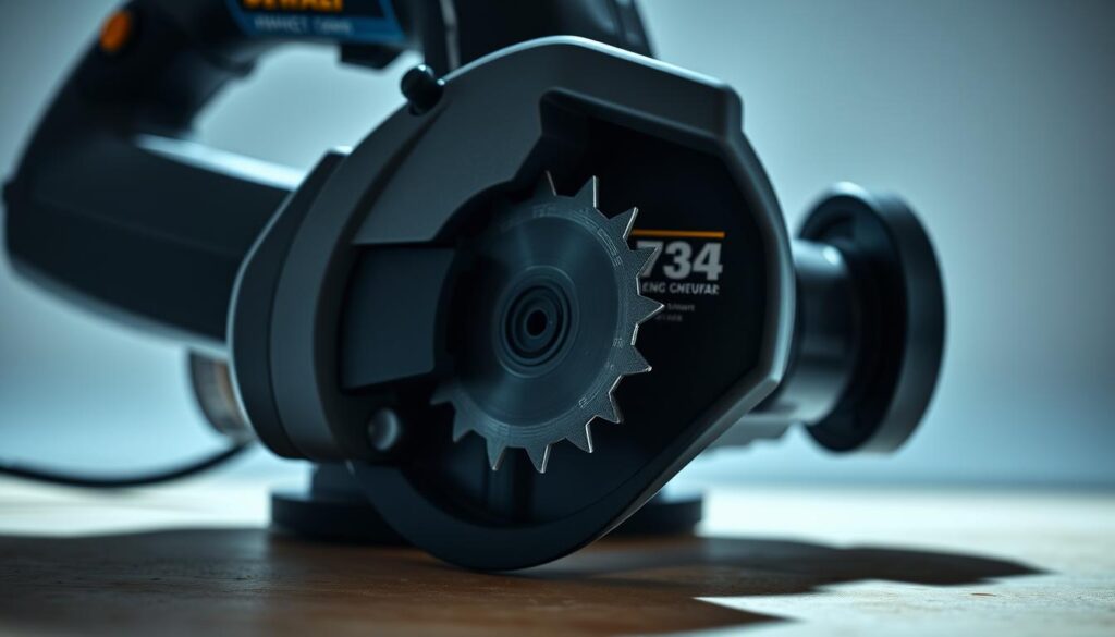 A high-contrast, detailed image of the Dewalt 734 power planer's cutting capacity. The planer's sturdy body takes up the foreground, with its 12.5-inch cutting width and 1/8-inch maximum cutting depth prominently displayed. The blade assembly is visible, capturing the industrial aesthetic. Soft shadows and cool lighting create depth and emphasize the product's precision engineering. The background fades into a clean, bright environment, allowing the tool to be the central focus. The overall scene conveys the power and performance of the Dewalt 734 planer for professional woodworking applications.