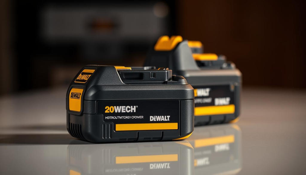 A high-contrast image of two DeWalt battery packs, one 20V and one 12V, placed side by side on a clean, reflective surface. The 20V battery is prominently displayed in the foreground, its sleek black casing and yellow accents catching the light. The 12V battery is positioned behind it, its smaller size and distinct design creating an interesting visual contrast. The image is sharply focused, with a shallow depth of field that keeps the subject in crisp detail while blurring the background. Warm, directional lighting casts subtle shadows, emphasizing the form and texture of the batteries. The overall mood is professional, highlighting the technical aspects and compatibility between these two DeWalt power sources.