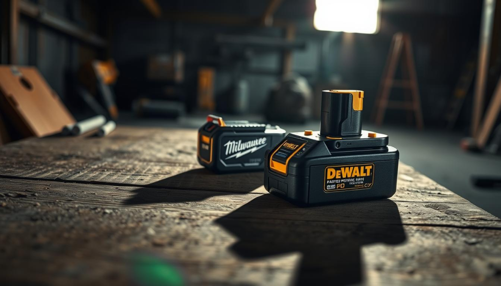 A high-contrast still life capturing the compatibility between DeWalt and Milwaukee power tool batteries. In the foreground, a DeWalt battery pack casts a long shadow across a weathered wooden surface, its yellow and black form juxtaposed against a Milwaukee battery in the middle ground. The background is a blurred, industrial setting suggesting a workshop or construction site. Dramatic side lighting illuminates the textures and highlights the visual similarities and differences between the two brands. The overall mood is one of technical precision and functional design.