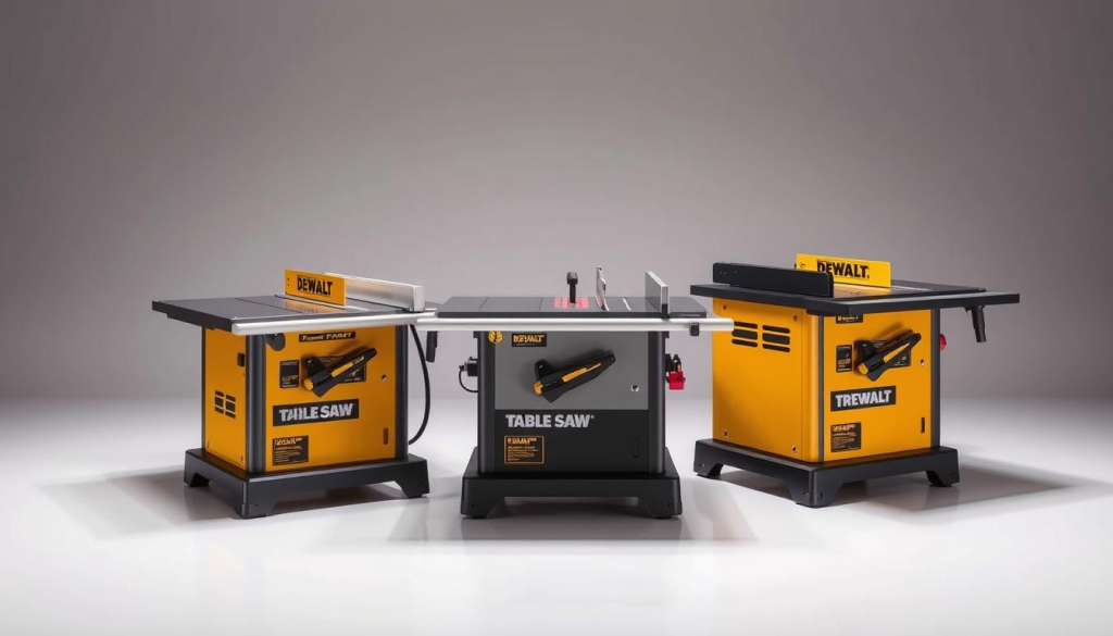 A high-contrast, well-lit studio photograph showcasing three DEWALT table saw models arranged on a clean, minimalist surface. The saws are positioned at different angles to highlight their distinct features and price points. The foreground features the most basic and affordable model, with the mid-range and premium versions occupying the middle and background respectively. Subtle shadows and reflections add depth and dimensionality to the scene. The overall mood is professional, informative, and tailored to the needs of the article's "Pricing Categories for DEWALT Table Saws" section.