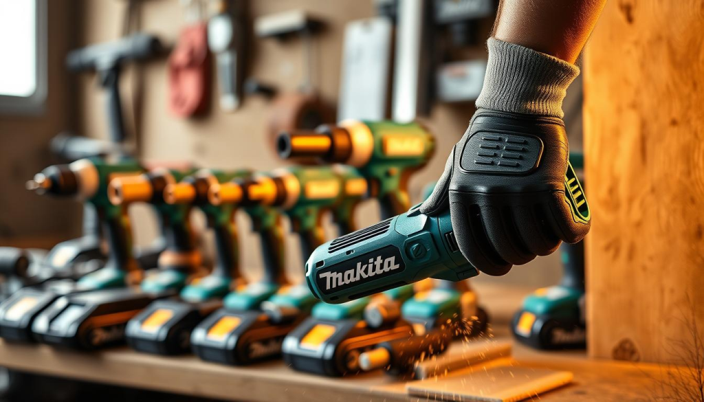 A high-energy, dynamic image showcasing the power and performance of Makita's 40V tools. In the foreground, a Makita cordless power tool, its sleek design and robust construction evident, effortlessly powering through a demanding task. The middle ground features an array of Makita 40V tools, their vibrant colors and innovative features highlighted against a blurred background. The overall scene is bathed in warm, directional lighting, casting dramatic shadows and lending an air of professional-grade capability. The composition conveys a sense of efficiency, durability, and the uncompromising performance that Makita 40V tools are known for.
