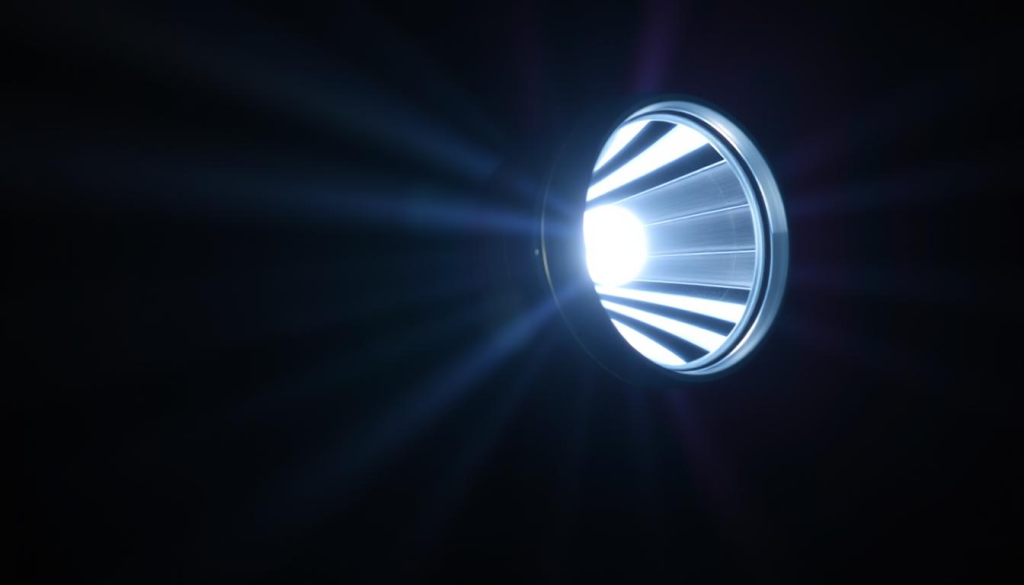 A high-lumen Makita flashlight illuminating the foreground, its powerful beam cutting through the darkness. The sturdy, ergonomic body reflects its exceptional build quality, while the precision-engineered lens and reflector array deliver a focused, intense light. The flashlight is positioned at a dynamic angle, casting dramatic shadows and highlights that accentuate its robust and reliable design. The background is subtly blurred, keeping the attention on the flashlight's key features - its bright, reliable performance and durable construction.