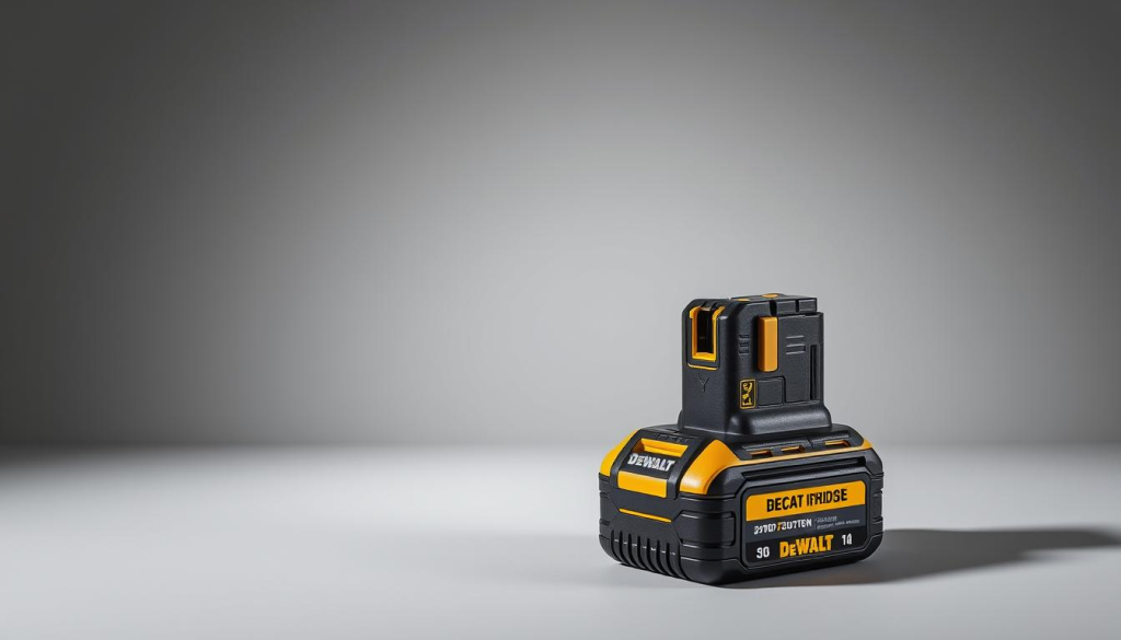 A high-performance DeWalt 21700 battery is the focus of this realistic, detailed product shot. The battery is displayed in a well-lit, clean studio setting, showcasing its sleek black and yellow design. The camera captures the battery from a slightly elevated angle, highlighting its robust construction and technical specifications. Soft shadows create depth and dimension, while the background is a simple, neutral gray to maintain the battery as the central subject. The overall mood is one of precision, power, and technical excellence, reflecting the capabilities of this advanced lithium-ion power cell.