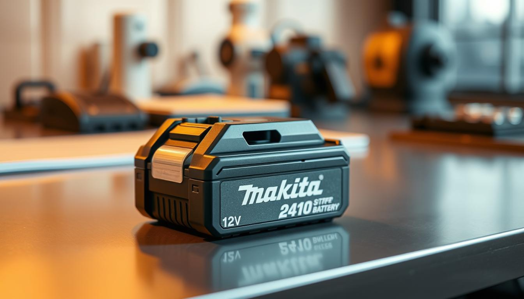 A high-performance Makita 12V battery resting on a sleek, modern workspace. The battery is shown in a close-up, its metallic casing gleaming under the warm, directional lighting. The background is blurred, allowing the battery to take center stage. The image conveys a sense of power, efficiency, and precision - the key attributes of Makita's innovative cordless technology. The angle and composition highlight the battery's compact design and sturdy construction, inviting the viewer to appreciate its engineering and performance capabilities.