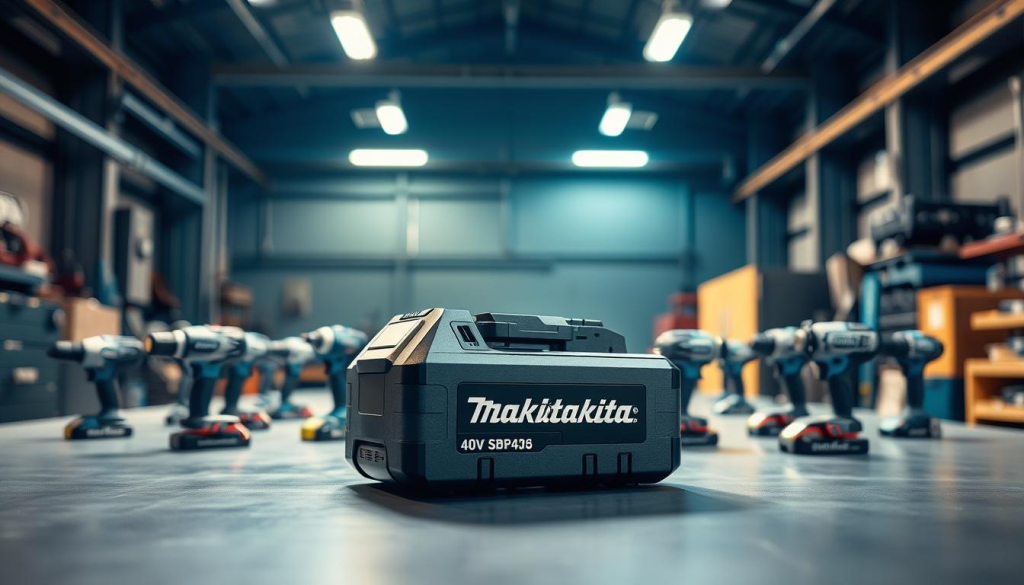 A high-performance Makita 40V battery resting on a sleek, modern workbench, surrounded by a warm, well-lit industrial setting. The battery's metallic casing reflects the ambient lighting, highlighting its rugged and durable construction. In the foreground, an array of Makita power tools stands ready, suggesting the battery's ability to power a variety of heavy-duty applications. The middle ground features a clean, minimalist layout, emphasizing the battery's central role in the overall setup. The background showcases a dimly lit workshop, hinting at the battery's reliable performance even in demanding environments. The overall scene conveys a sense of power, efficiency, and the Makita brand's commitment to delivering exceptional tool performance.