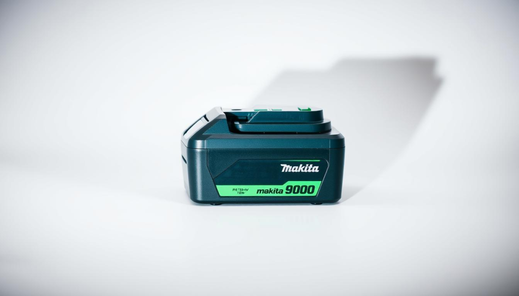 A high-performance Makita 9000 battery set against a clean, white background, capturing its sleek, modern design. The battery's casing features a bold, vibrant green accent color, conveying its power and durability. Soft, directional lighting highlights the battery's contours, casting subtle shadows that emphasize its solid, well-engineered construction. The image is captured from a slightly elevated angle, giving the viewer a sense of the battery's substantial size and capacity. The overall mood is one of professional-grade quality, reliability, and technological prowess, perfectly complementing the "Enhancing Tool Performance with Makita 9000" section of the article.