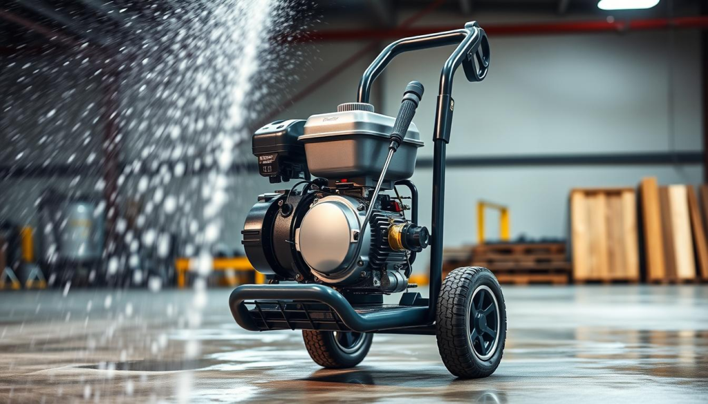A high-performance Makita pressure washer stands in a well-lit industrial setting, its sleek body gleaming under crisp, directional lighting. The machine's powerful motor and robust construction are evident, conveying a sense of reliable, heavy-duty cleaning capability. In the foreground, water sprays forcefully from the pressure wand, capturing the unit's impressive performance. The middle ground features a variety of surfaces, including concrete, metal, and wood, highlighting the washer's versatility. The background offers a clean, uncluttered environment, allowing the pressure washer to take center stage and showcase its impressive cleaning prowess.