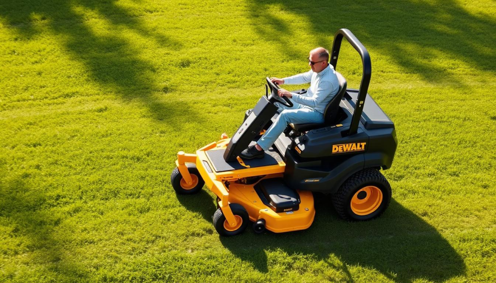 A high-powered DEWALT electric riding mower glides smoothly across a lush, verdant lawn, its sleek, streamlined design effortlessly navigating the terrain. The powerful electric motor hums with efficiency, propelling the mower forward with impressive torque and acceleration. Precision-engineered blades slice through the grass with surgical accuracy, leaving behind a pristine, well-manicured surface. The rider, seated comfortably on the ergonomic seat, commands the mower with ease, taking in the tranquil, sun-dappled scene through a wide, wraparound windshield. The mower's impressive battery life and energy-saving features are evident in the serene, near-silent operation, allowing for an uninterrupted, eco-friendly lawn care experience.