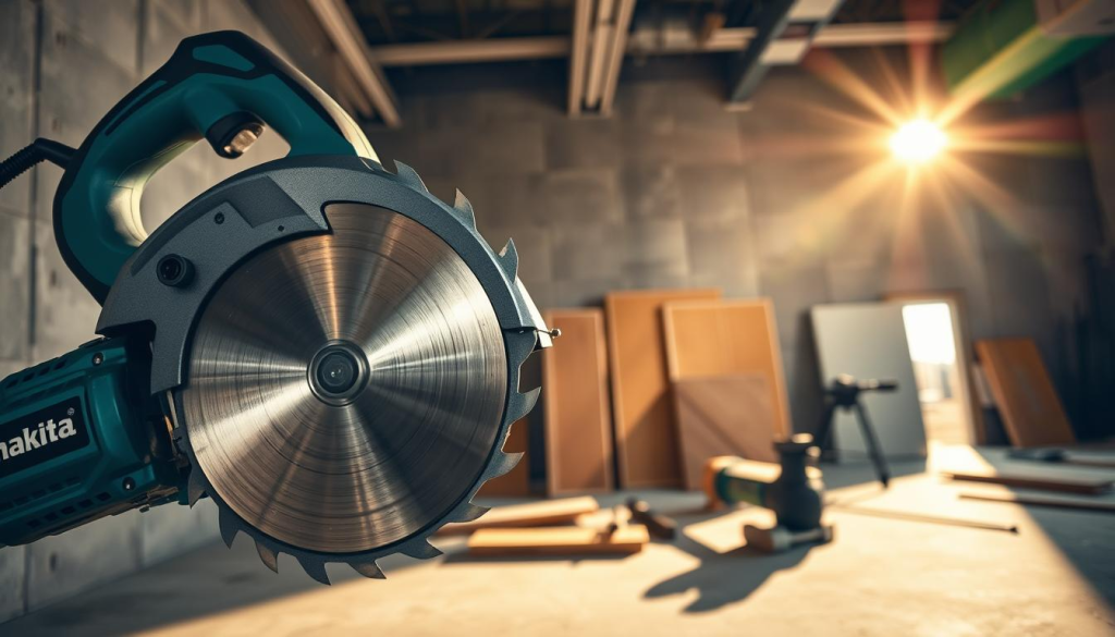 A high-powered Makita electric drywall saw in the foreground, its metal blade spinning with precision and power. In the middle ground, a construction site with drywall panels and tools, casting strong shadows under warm, focused lighting. The background features a clean, industrial interior with concrete walls and a high ceiling, creating a sense of scale and purpose. The saw's ergonomic grip and safety features are clearly visible, highlighting its professional-grade design for efficient and safe drywall cutting.