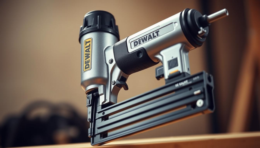 A high-quality 16 gauge DeWalt nail gun, its metallic body gleaming under a soft, diffused light. The tool is centered in the frame, with a sharp focus that highlights its precision engineering. The background is blurred, keeping the attention on the nail gun's intricate details - the sleek contours, the sturdy grip, and the carefully designed trigger mechanism. The overall mood is one of professional craftsmanship, showcasing the power and accuracy of this specialized tool for precision nailing.