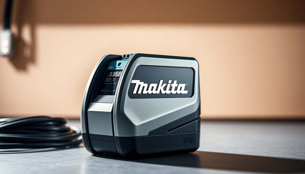 A high-quality Makita 18V fast charger, positioned prominently on a clean, well-lit workbench. The charger's sleek, industrial design is rendered in intricate detail, with a satin metal finish and bold Makita branding. Soft, directional lighting from the left illuminates the charger's form, creating subtle shadows and highlights that accentuate its sturdy, reliable construction. The background is a muted, neutral tone, allowing the charger to take center stage and showcase its practical, functional features for powering Makita 18V batteries.
