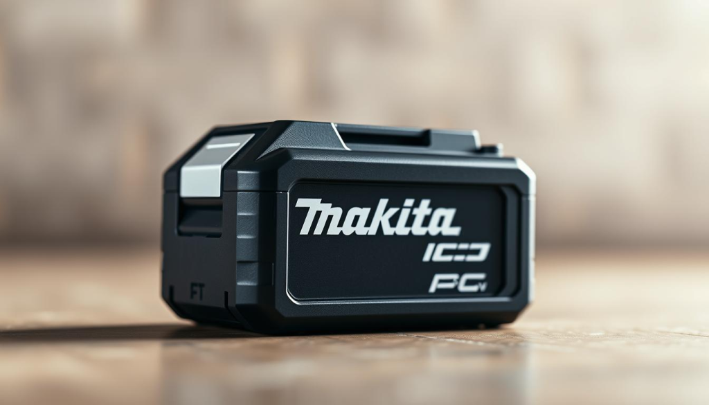 A high-quality Makita 18V lithium-ion battery pack, captured in a crisp, well-lit photograph. The battery is centered in the frame, showcasing its robust, rectangular design with the Makita logo prominently displayed. The surface has a sleek, matte black finish, accentuating its modern and industrial aesthetic. The image is shot at a slight angle, creating depth and dimension, while the background is softly blurred, keeping the focus on the battery. Subtle highlights on the edges and corners add depth and dimension, giving the impression of a professional product shot. The overall mood is one of power, reliability, and high-quality craftsmanship, reflecting the dependable nature of the Makita 18V battery.