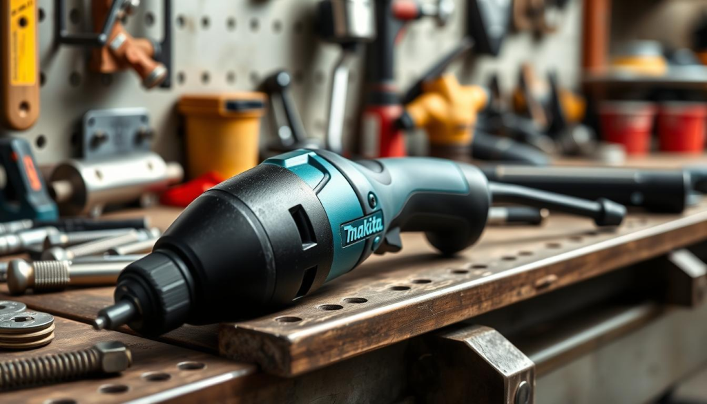 A high-quality Makita 3/8" impact wrench resting on a sturdy workbench, surrounded by various tools and hardware. The wrench is captured in soft, natural lighting, showcasing its sleek black and blue design in crisp detail. The composition emphasizes the tool's compact and ergonomic form, hinting at its power and versatility for a wide range of fastening tasks. The background features a blurred, industrial setting, conveying a sense of the wrench's practical applications in workshops, construction sites, or automotive repairs.