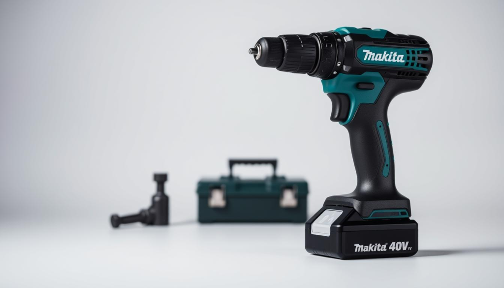 A high-quality Makita 40V cordless drill, showcased against a clean, neutral background. The drill is positioned in the foreground, its sleek black and green body accentuated by directional studio lighting that casts dramatic shadows. The mid-ground features a few simple, minimalist props - perhaps a tool box or a workbench - to provide context and scale. The background is a soft, blurred gradient, allowing the drill to be the focal point. The image conveys a sense of power, precision, and the brand's commitment to durability and performance.