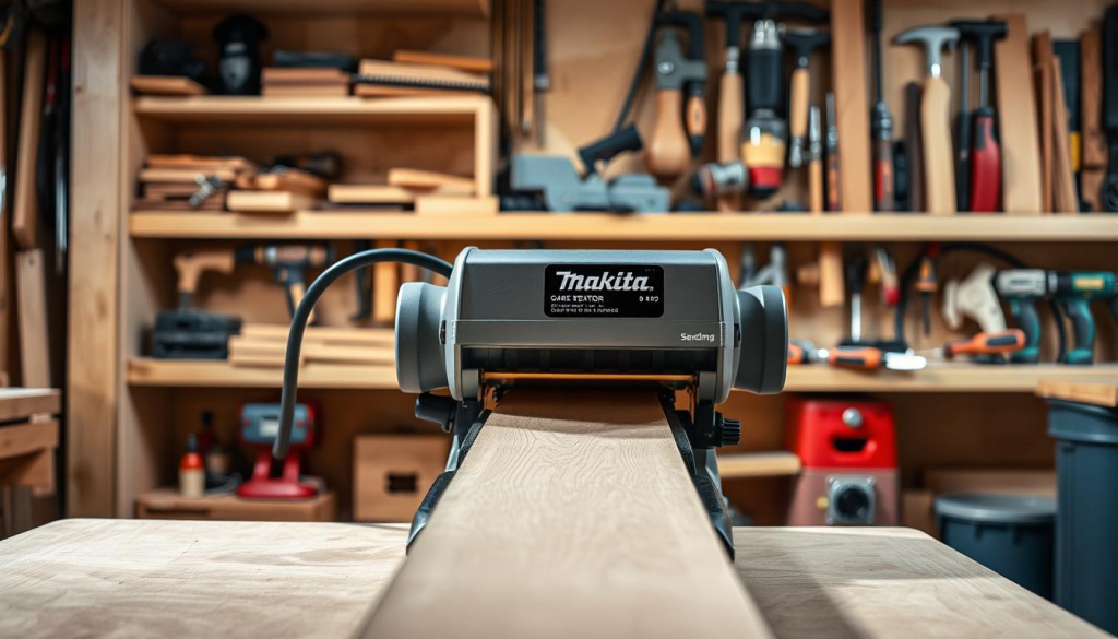 A high-quality Makita belt sander standing in a well-lit workshop, with a wooden workpiece in focus. The sander has a sleek, metallic design and is positioned at an angle, showcasing its powerful 9-amp motor and wide 4" x 24" sanding belt. Soft shadows cast by the sander create depth and add to the sense of craftsmanship. The background is filled with various woodworking tools, neatly arranged on shelves, conveying a professional, organized workspace. The overall atmosphere is one of precision, efficiency, and the pride of skilled woodworking.