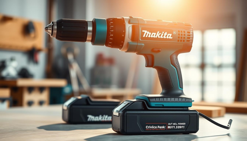 A high-quality Makita cordless drill placed prominently on a clean, well-lit workspace. The drill is featured in the center of the frame, showcasing its sleek, modern design and durable construction. Warm, natural lighting illuminates the metallic accents and vibrant Makita branding, creating a professional, aspirational atmosphere. The background is slightly blurred, allowing the drill to be the focal point, while hinting at a workshop or construction setting. The overall composition conveys the power, versatility, and reliability of the Makita cordless drill, suitable for a wide range of DIY and professional applications.