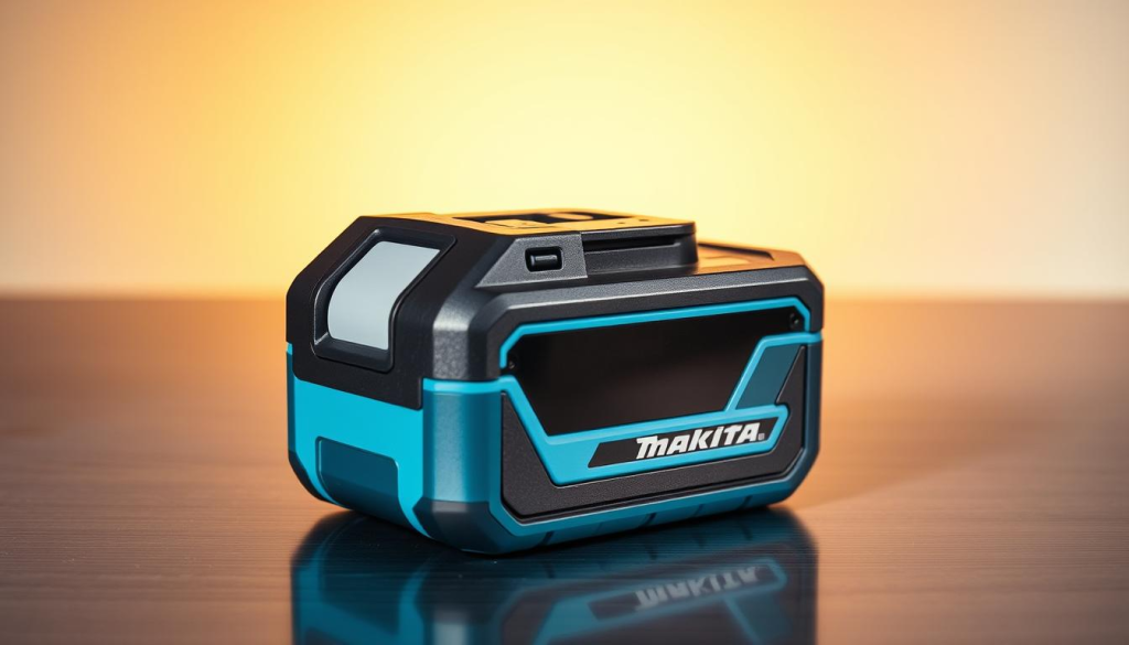 A high-quality Makita drill battery resting on a clean, metallic surface, illuminated by warm, directional lighting that accentuates its sleek, angular design and vibrant blue-and-black color scheme. The battery's rugged, durable casing and robust terminals are clearly visible, conveying a sense of power and reliability. The background is a soft, blurred gradient, allowing the battery to be the focal point of the image. The overall composition is balanced, with the battery positioned in the center, creating a visually appealing and informative representation of the "best Makita drill battery" for the article's "Upgrading Your Makita Drill Battery" section.