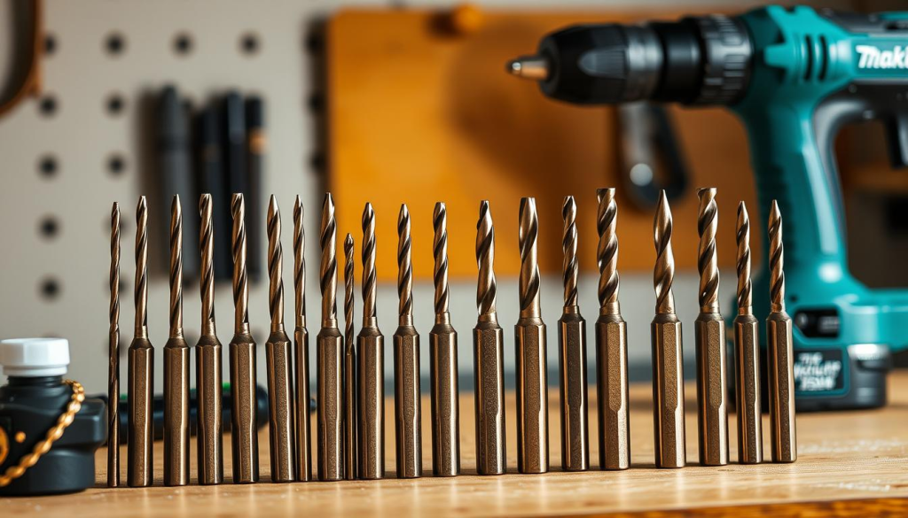 A high-quality Makita drill bit set arranged neatly on a clean, well-lit workbench. The drill bits are displayed in a visually appealing manner, showcasing their precise construction and attention to detail. Warm, natural lighting illuminates the scene, creating a sense of quality and professionalism. The bits are captured from a slightly elevated angle, highlighting their sleek, modern design and the attention to ergonomics. The background is minimalist, allowing the drill bits to be the focal point and emphasizing their practical benefits for the user.
