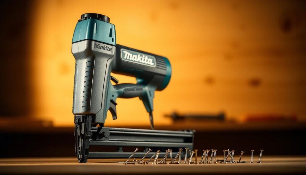 A high-quality Makita finish nailer sits prominently in the foreground, its sleek metallic body and ergonomic grip showcasing its professional-grade design. Dramatic studio lighting casts warm shadows, highlighting the tool's precision features like the adjustable depth control and the selective actuation trigger. In the middle ground, a selection of precisely driven nails in various sizes and finishes demonstrates the nailer's versatility. The background softly blurs, creating a sense of focus on the central subject and conveying a mood of craftsmanship and attention to detail.