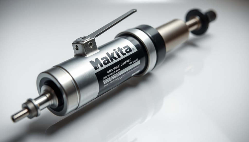 A high-quality Makita grease gun, its silver and black metallic body gleaming under bright studio lighting. Detailed close-up view showcasing the robust construction, with emphasis on the sturdy handle, adjustable nozzle, and the high-pressure pump mechanism. The gun is positioned on a clean, reflective surface, allowing for clear visibility of the product's intricate design and features. The overall mood is one of precision engineering and reliable performance, befitting the tool's purpose in effortless equipment maintenance.