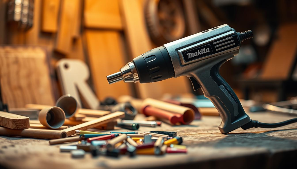 A high-quality Makita heat gun resting on a workbench, illuminated by warm, directional lighting. The tool is prominently displayed, its sturdy metal housing and ergonomic grip visible. In the middle ground, various DIY materials like wood, plastic, and metal are scattered, suggesting the versatile applications of the heat gun. The background is blurred, creating a sense of depth and focus on the heat gun as the central subject. The image conveys the power, utility, and precision of this essential tool for a wide range of DIY projects.