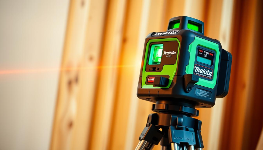 A high-quality Makita laser level, meticulously crafted with sleek, modern design. The device rests on a sturdy metal tripod, its laser beam projecting a precise, straight line across the workspace. The level's housing is made of durable, impact-resistant plastic, featuring Makita's distinctive green accents. Illuminated digital displays showcase the device's key settings and measurements, while a series of intuitive controls allow for easy adjustments. The image is captured in a warm, well-lit environment, showcasing the tool's exceptional quality and attention to detail. The scene conveys a sense of precision, professionalism, and the reliable performance Makita is known for.